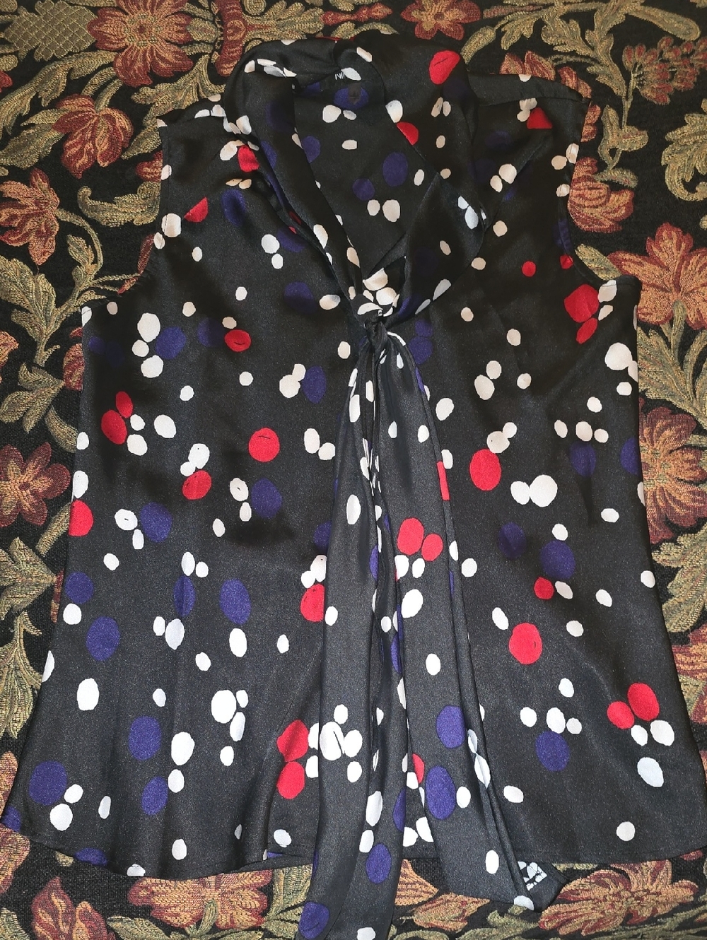 Nine West Black Blouse with Purple, White & Red Polka Dots